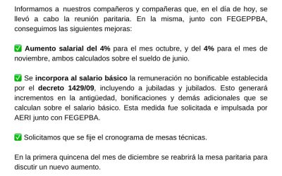 Tras su reunión paritaria, AERI anunció un 8% de aumento salarial en dos tramos y otras mejoras para sus afiliados