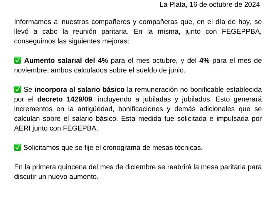 Tras su reunión paritaria, AERI anunció un 8% de aumento salarial en dos tramos y otras mejoras para sus afiliados