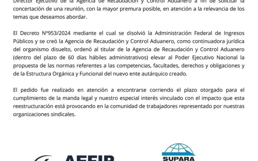 AEFIP y SUPARA solicitaron una reunión con el Director Ejecutivo de la Agencia de Recaudación y Control Aduanero