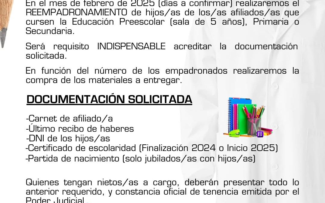 El Sindicato de Trabajadores Municipales anunció un reempadronamiento para la entrega de útiles y guardapolvos escolares