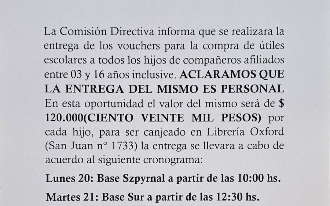 El Sindicato de Trabajadores de Obras Sanitarias anunció entrega de vouchers para el Ciclo Lectivo 2025