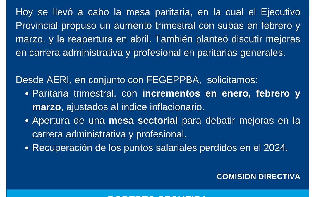 AERI participó de la Mesa Paritaria convocada por el Ejecutivo Provincial: «Propusieron aumento trimestral y reapertura en Abril»