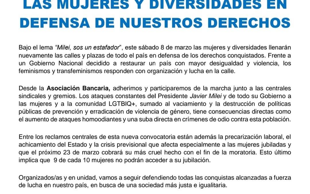 Apoyo de La Bancaria a la movilización del 8 de Marzo: «las mujeres y diversidades llenarán las calles y plazas de todo el país»