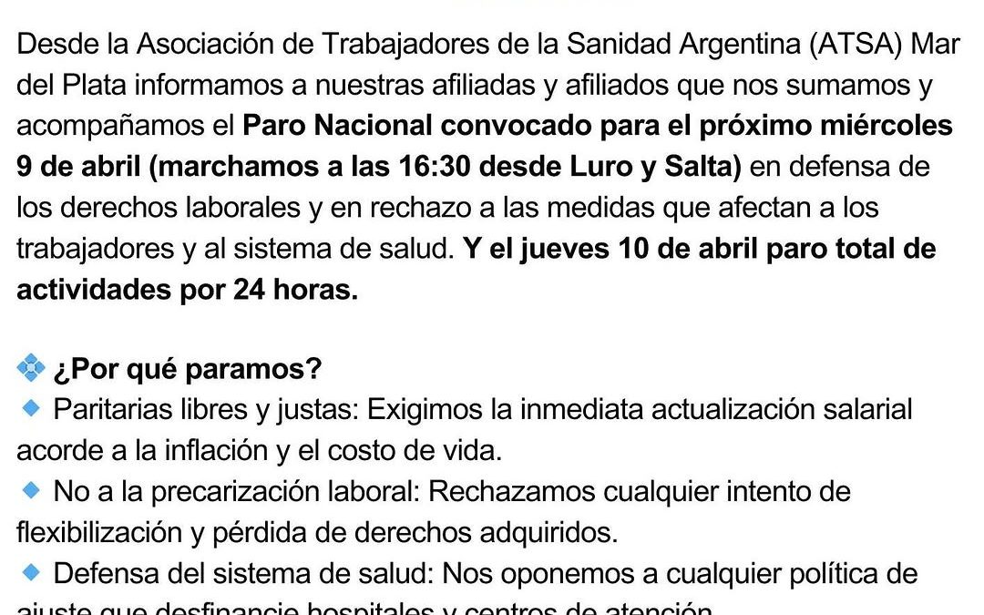 Trabajadores de la Sanidad anunciaron su adhesión a la Movilización y el Paro General del 9 y 10 de Abril en Mar del Plata
