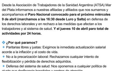 Trabajadores de la Sanidad anunciaron su adhesión a la Movilización y el Paro General del 9 y 10 de Abril en Mar del Plata