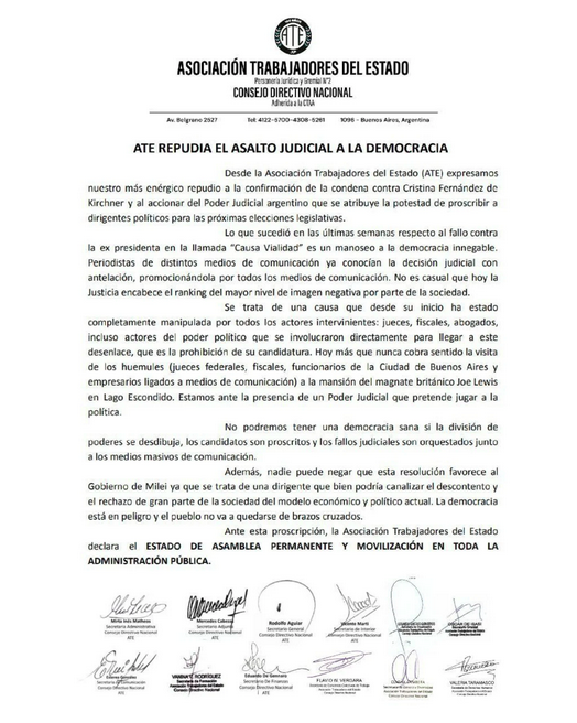 ATE denunció un «asalto judicial a la Democracia» y aseguró que «el Poder Judicial argentino proscribe a dirigentes politicos»