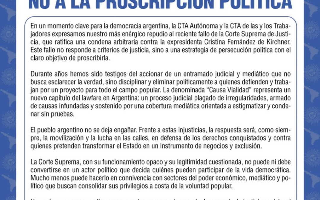 Con la firma de Hugo Yasky y «Cachorro» Godoy, las dos CTA apoyaron a Cristina: «Reafirmamos nuestro compromiso con la democracia»