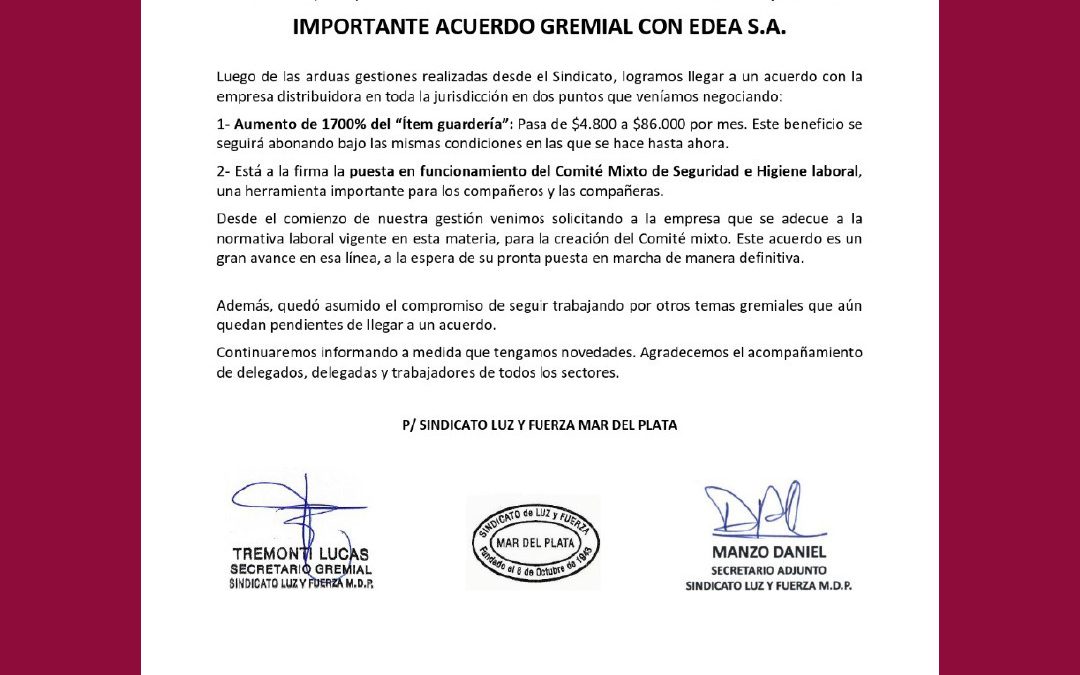 Luz y Fuerza Mar del Plata anunció un «importante acuerdo gremial con Edea S.A.»