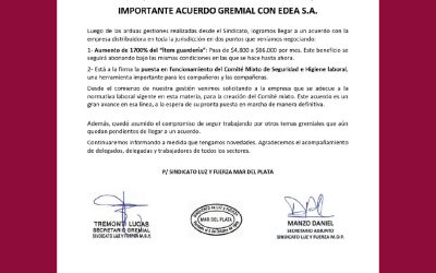 Luz y Fuerza Mar del Plata anunció un «importante acuerdo gremial con Edea S.A.»