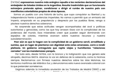 FATIDA repudió los dichos del Embajador estadounidense Lamelas: «Un emisario del imperio no va a pisotear nuestros derechos soberanos»