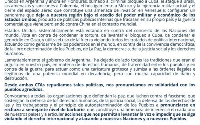 La CTA de los Trabajadores y la CTA Autónoma expresaron su enérgico repudio a «la amenaza de intervención militar en Venezuela»