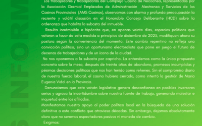 «El Casino de Necochea no puede ser más un botín político» afirmaron desde AMS Casinos junto a los trabajadores del Complejo Casino Necochea